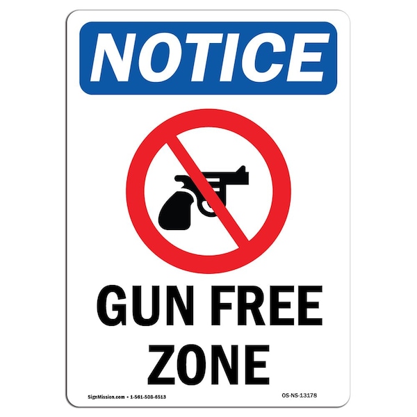 Safety Sign, OSHA Notice, 5" Height, Gun Free Zone Sign With Symbol, Portrait, 10PK